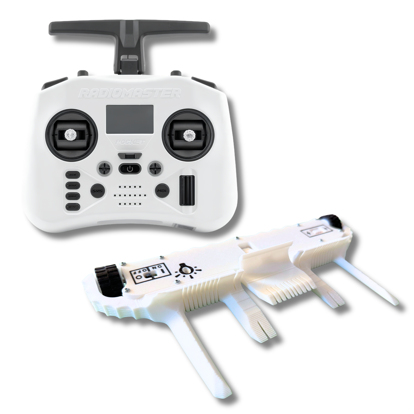 A white RC remote control transmitter and the matching white robot, shown on a clean white background.
