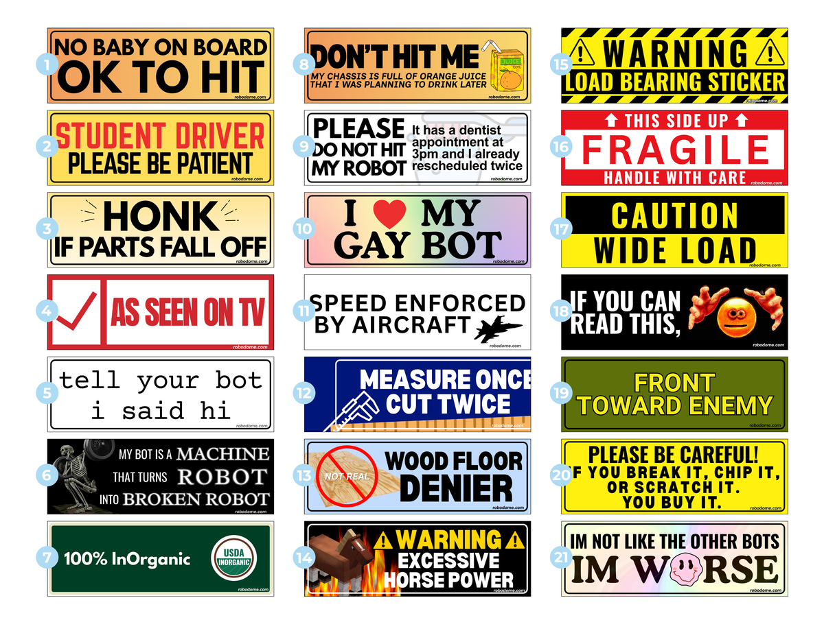 A grid of 24 novelty robot-themed warning and humorous stickers, each with its own design, text, and color scheme, displayed on a clean white background with small blue circular markers.