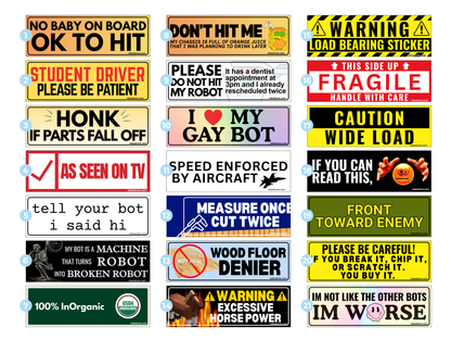 A grid of 24 novelty robot-themed warning and humorous stickers, each with its own design, text, and color scheme, displayed on a clean white background with small blue circular markers.