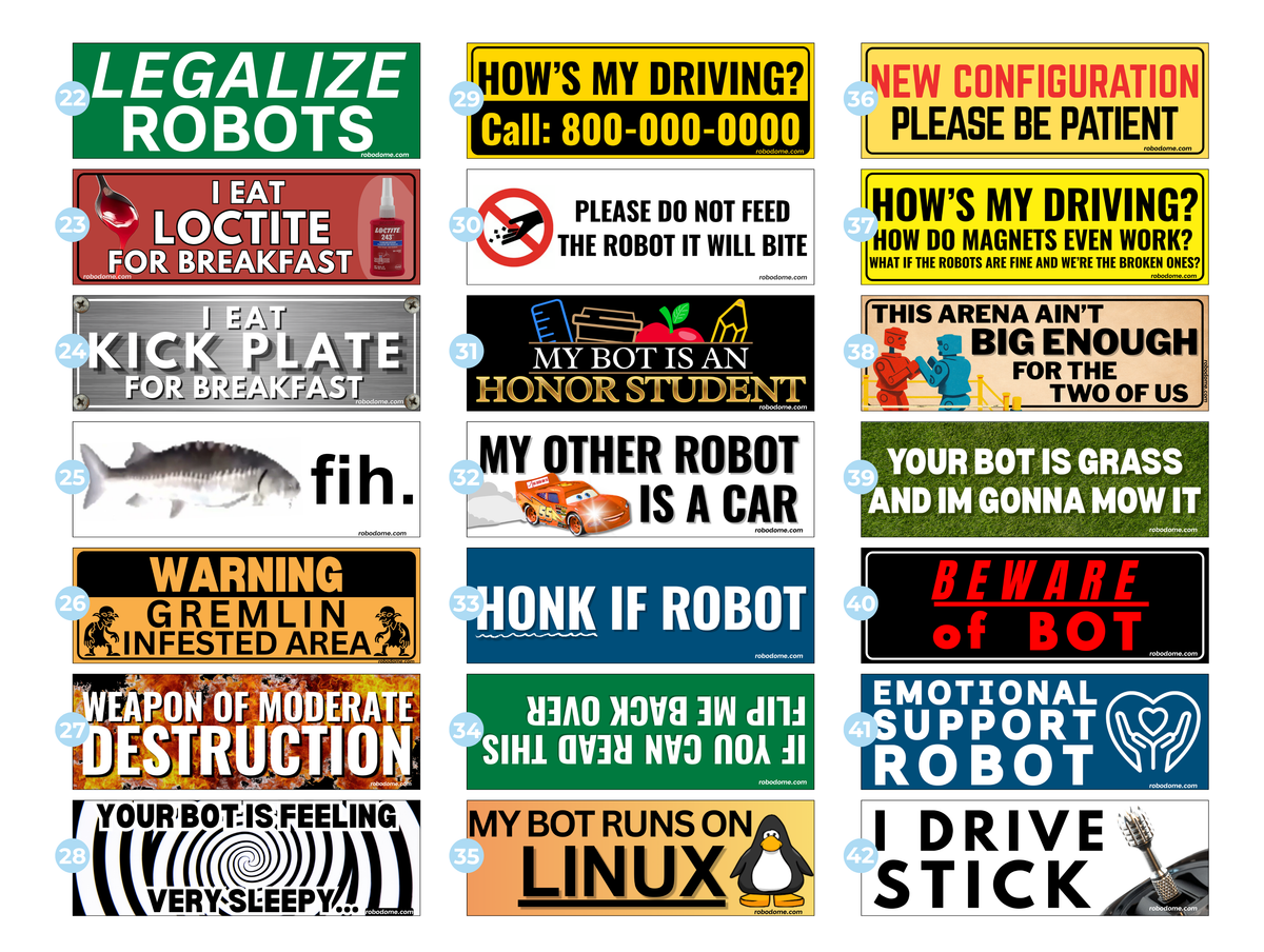 A grid of 24 humorous robot-themed novelty signs with various text slogans, illustrations, and warning-style designs on a white background.
