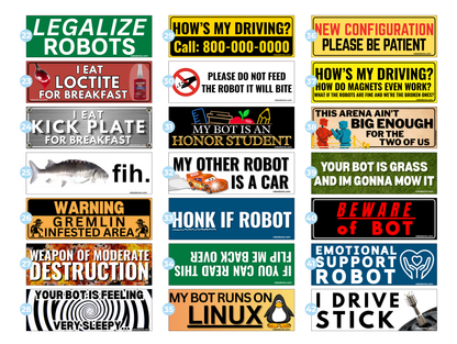 A grid of 24 humorous robot-themed novelty signs with various text slogans, illustrations, and warning-style designs on a white background.