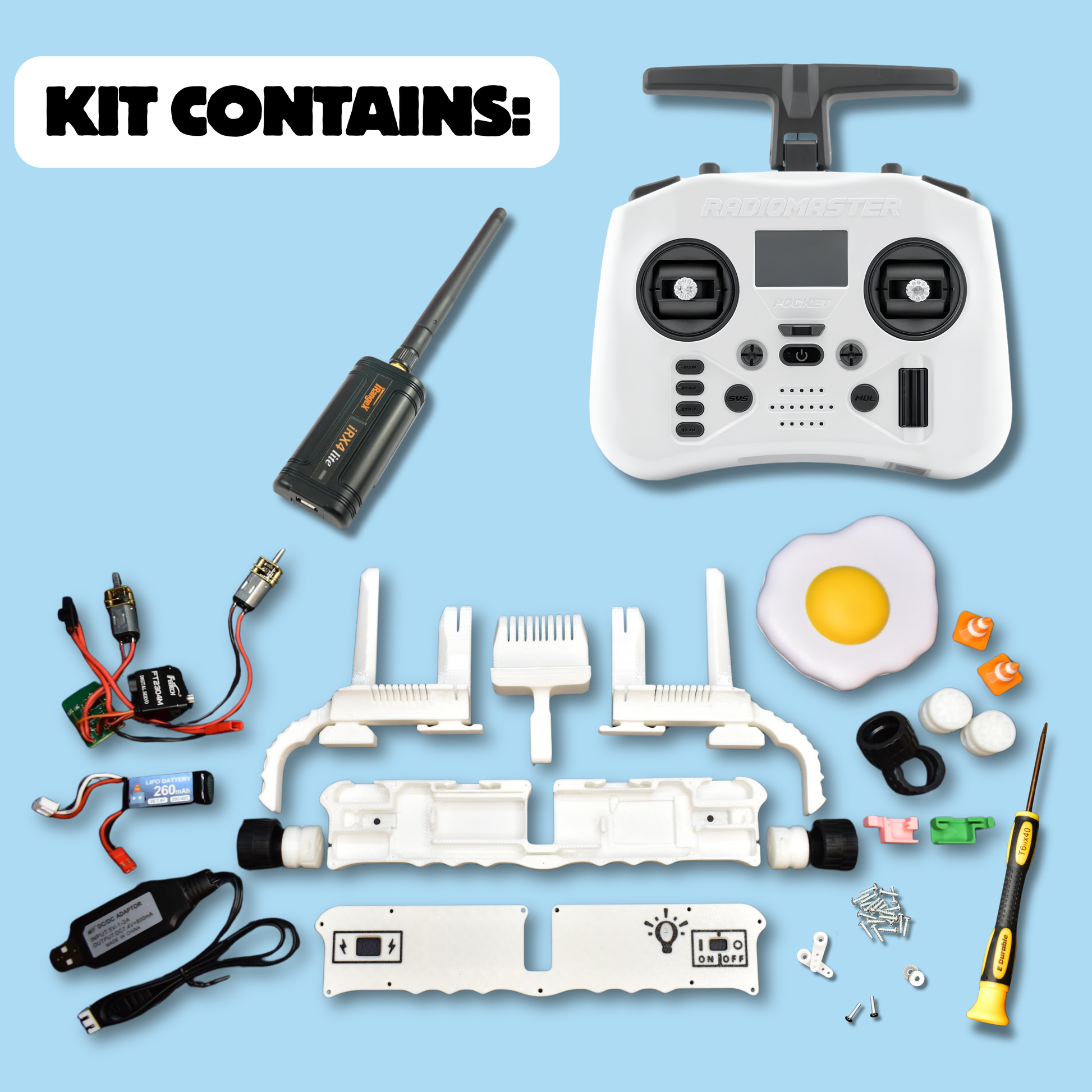A 150g combat robot kit laid out on a light blue background with the text 'KIT CONTAINS:' in the top left. The set includes a remote controller, plastic frame parts, a small battery, connectors, screws, washers, a yellow-and-black screwdriver, accessory pieces, and more.
