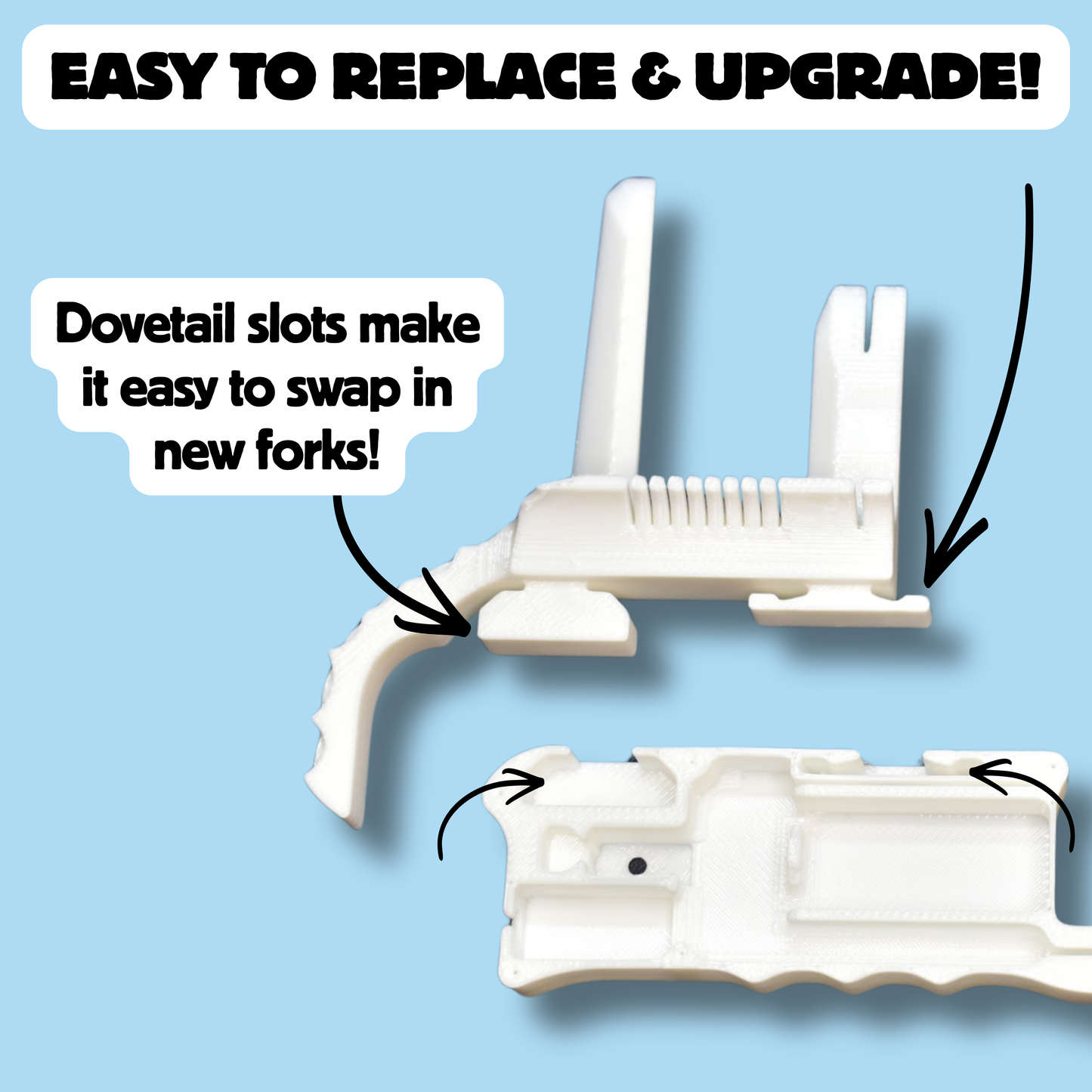 White fork replacement shown on a light blue background with text reading 'EASY TO REPLACE & UPGRADE!' and 'Dovetail slots make it easy to swap in new forks!