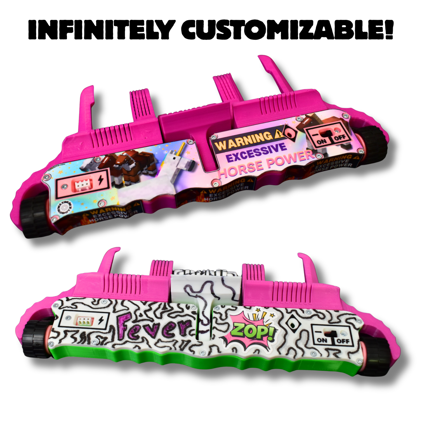 View of a hot pink robot with black wheels and colorful custom graphic decals, shown on a white background with the text 'INFINITELY CUSTOMIZABLE!' at the top.