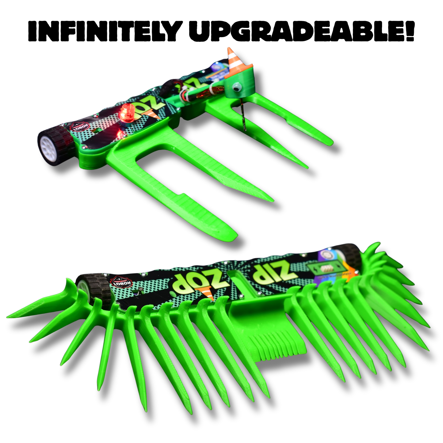 Two different bright green robots on a white background, with the text 'INFINITELY UPGRADEABLE!' at the top. The top robot has a drill attachment instead of a flipper, and the bottom robot has multiple spikes protruding around the entire front of the robot.
