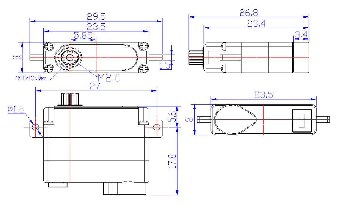 FT2304M - High Torque All-Metal Mini Wing Servo (4.8kg*cm, 11g, 8mm thick)