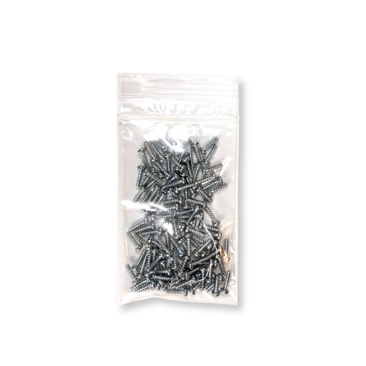 A clear plastic resealable bag filled with many small dark metallic screws, shown on a plain white background.