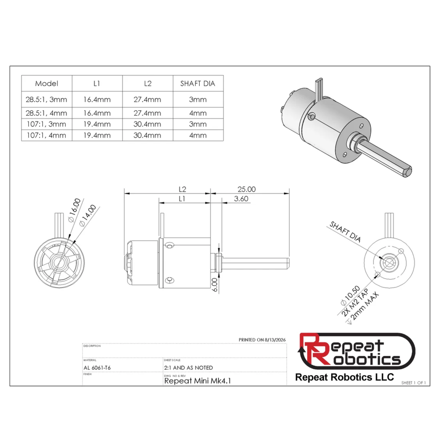 Mini Brushless 1106 Mk4.1 - Antweight Planetary Gearmotor (4mm Shaft, 28:5:1 Drive Gear Ratio)