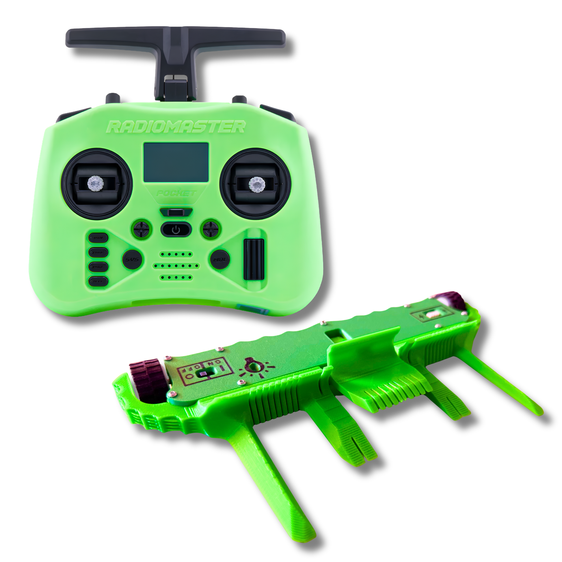 A bright lime green remote control transmitter and matching robot against a plain white background.
