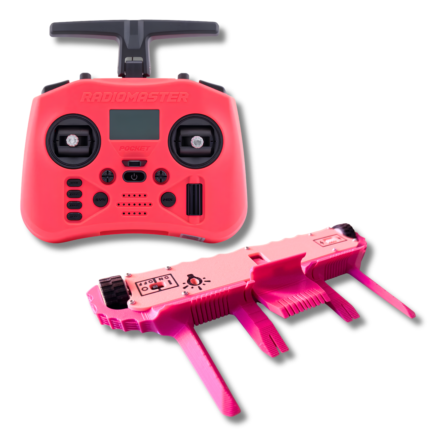 A bright pink Radiomaster remote control transmitter shown above a matching pink robot on a white background.